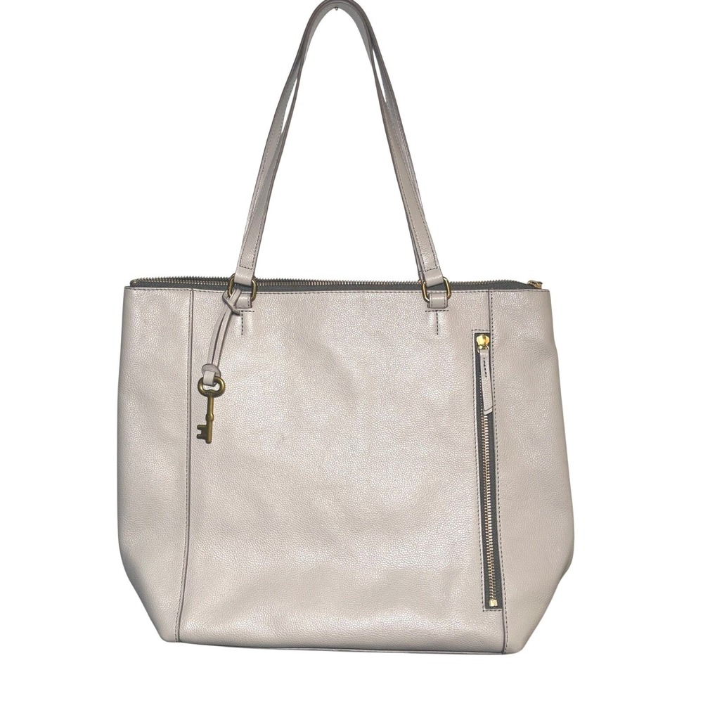 Fossil Genuine Leather Tara Tote Shoulder Bag Cream Neutral Pockets Minimalist